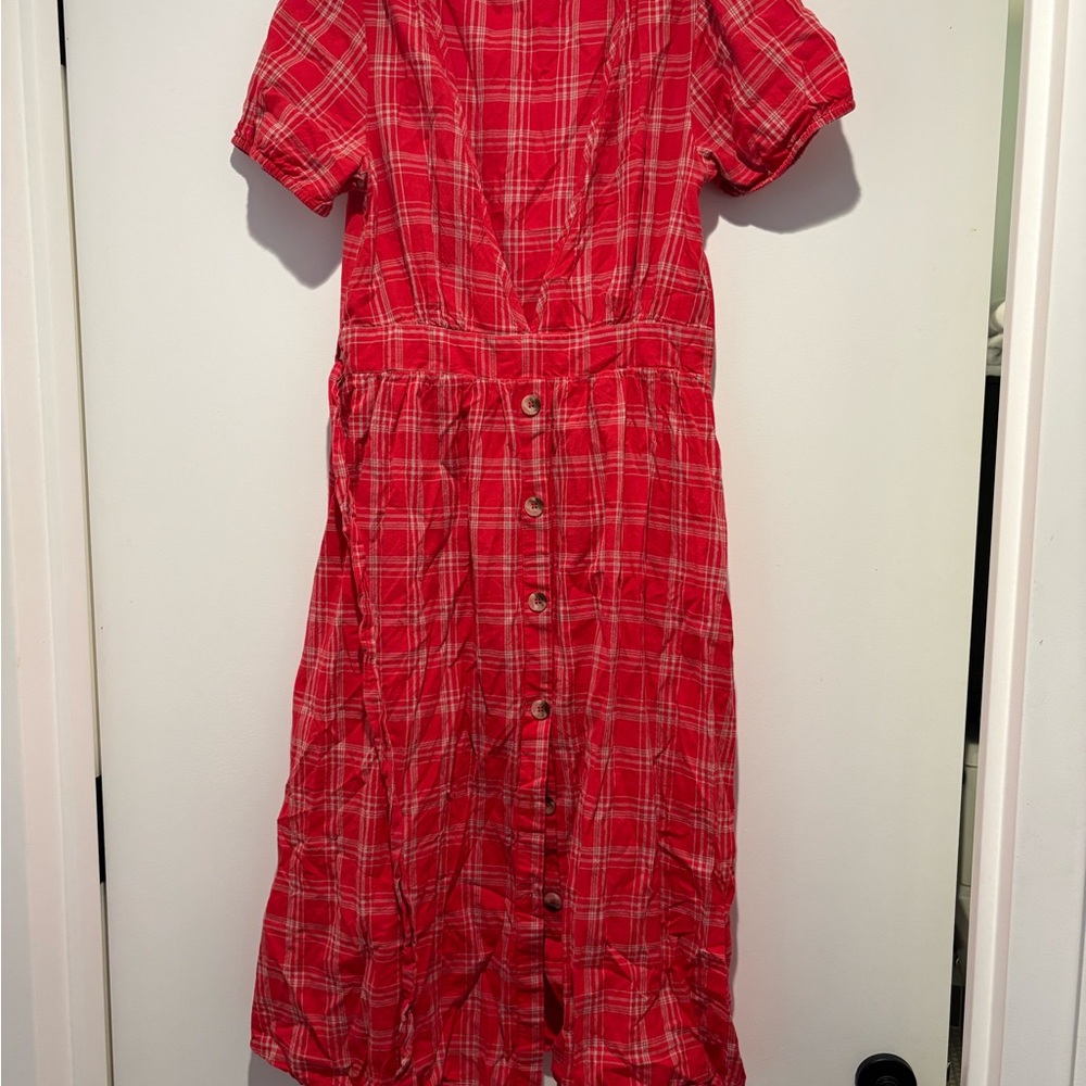 Red Plaid Button-Down Dress